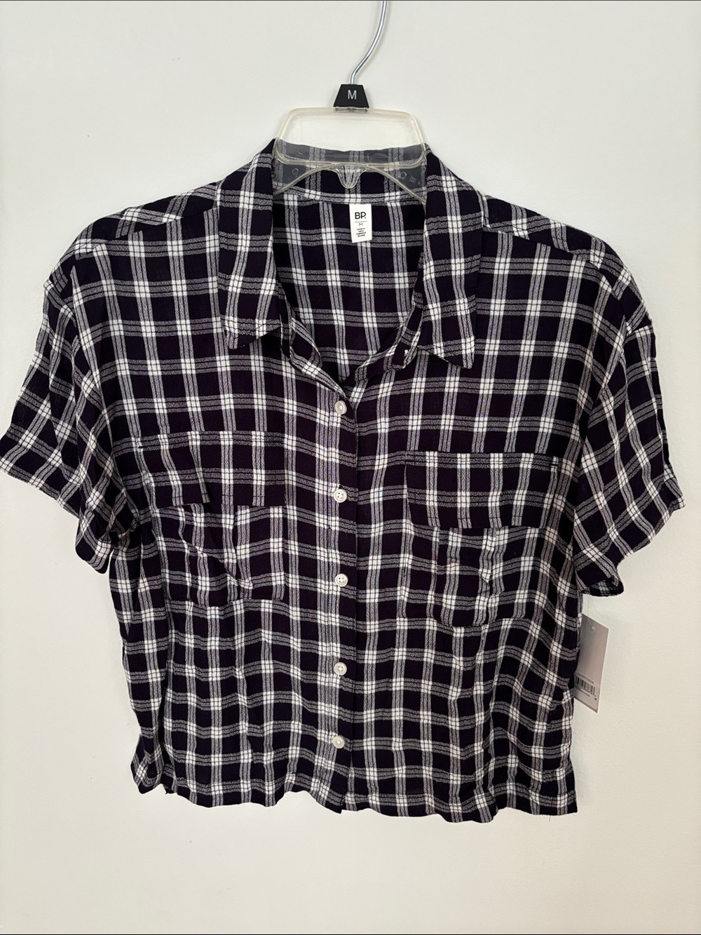 bp Black and White Plaid Cropped Button-Up Shirt
